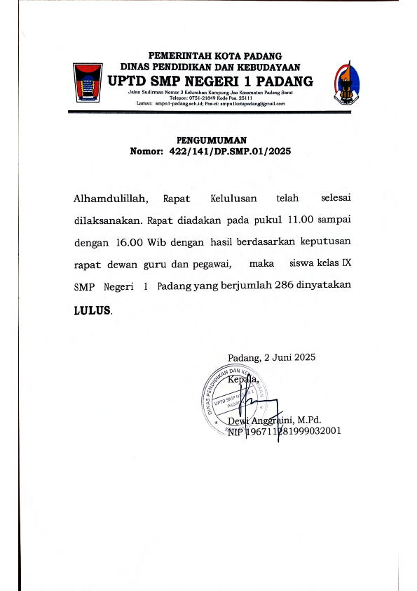 INFORMASI KELULUSAN SISWA SISWI KELS IX TP. 2024/2025